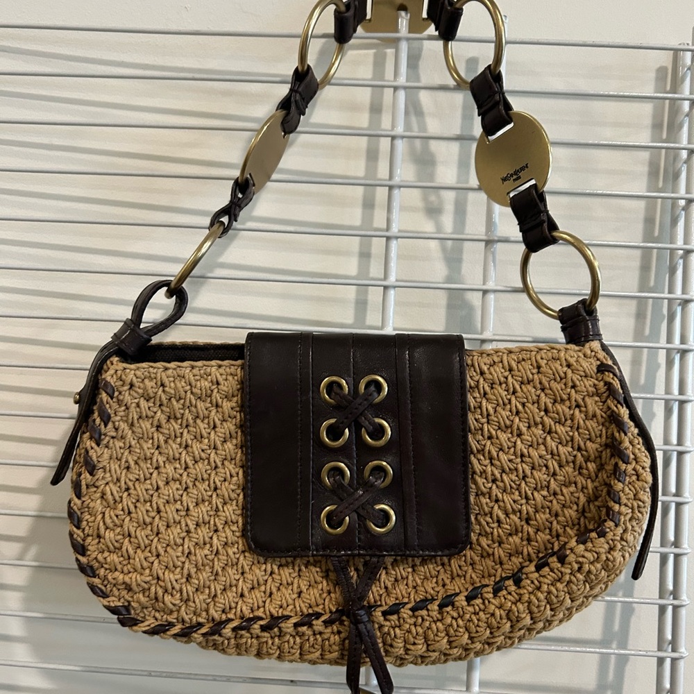 Yves Saint Laurent / Tan woven and Brown leather trim Purse.